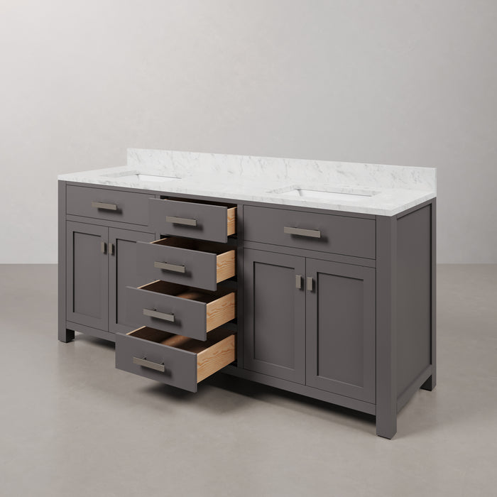 72 Inch Isa Double Sink Carrara White Marble Bathroom Vanity in Cashmere Grey with Soft Close Drawers
