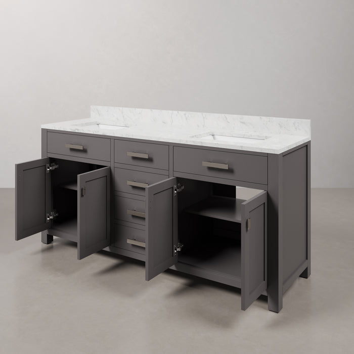 72 Inch Isa Double Sink Carrara White Marble Bathroom Vanity in Cashmere Grey with Soft Close Drawers