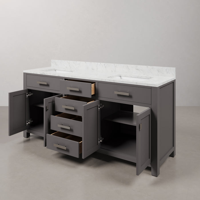 72 Inch Isa Double Sink Carrara White Marble Bathroom Vanity in Cashmere Grey with Soft Close Drawers