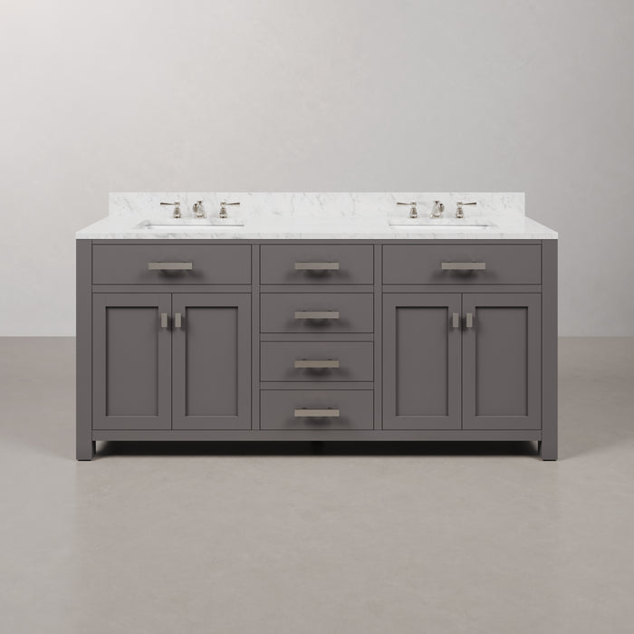 72 Inch Ocean Double Sink Cashmere Grey Bathroom Vanity with Carrara White Marble Countertop and Chrome Hardware