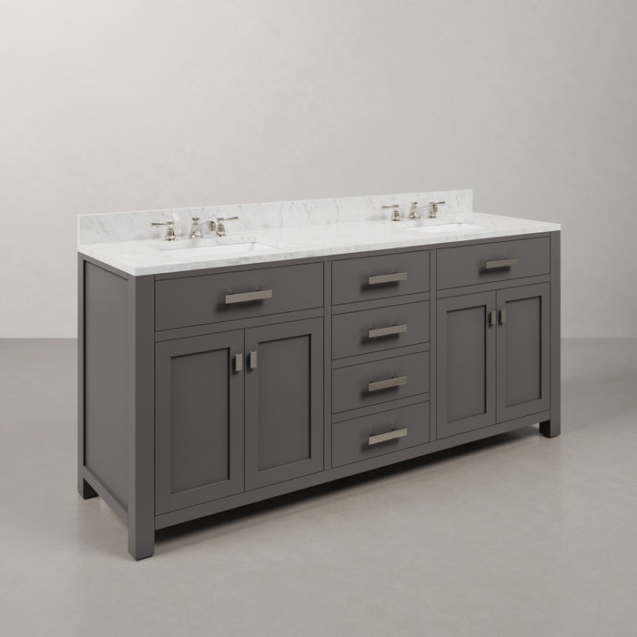 72 Inch Ocean Double Sink Cashmere Grey Bathroom Vanity with Carrara White Marble Countertop and Chrome Hardware