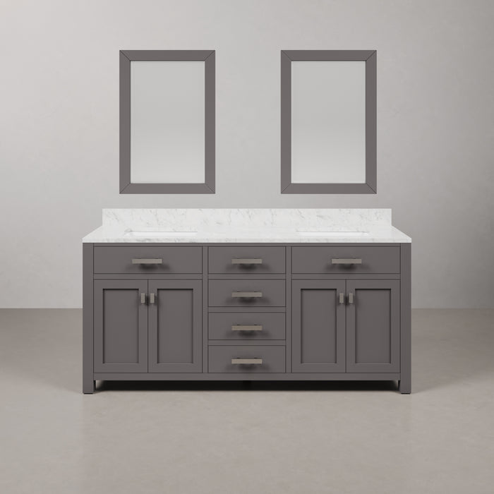 72-Inch Summit Double Sink Madison Bathroom Vanity Carrara White Marble Cashmere Grey with Rectangular Mirrors