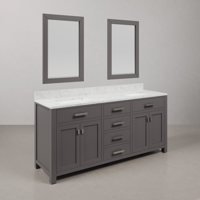 72-Inch Summit Double Sink Madison Bathroom Vanity Carrara White Marble Cashmere Grey with Rectangular Mirrors