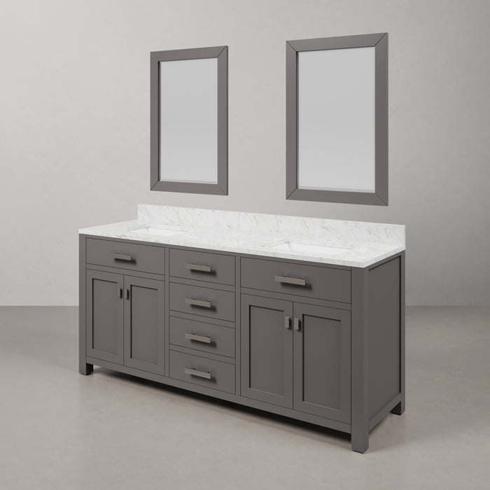 72-Inch Summit Double Sink Madison Bathroom Vanity Carrara White Marble Cashmere Grey with Rectangular Mirrors