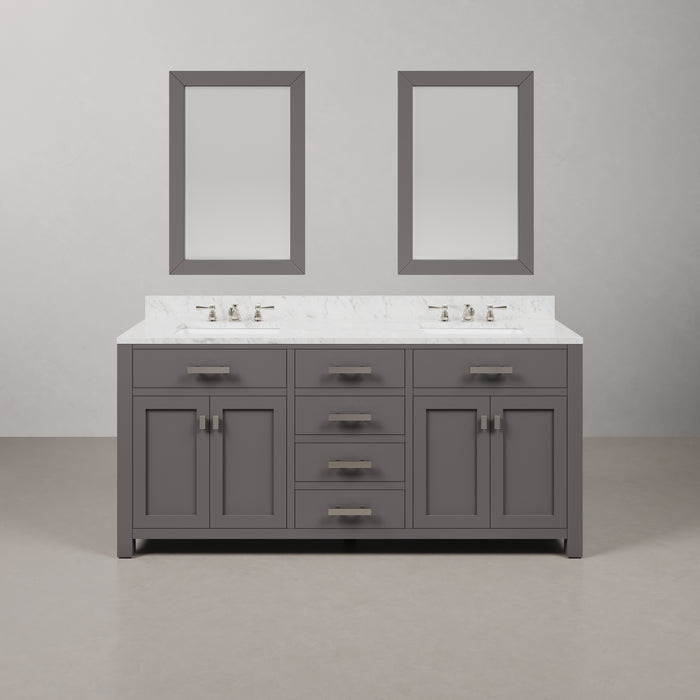 72-Inch Volt Double Sink Carrara White Marble Bathroom Vanity Cashmere Grey Chrome Hardware with Faucets & Mirrors