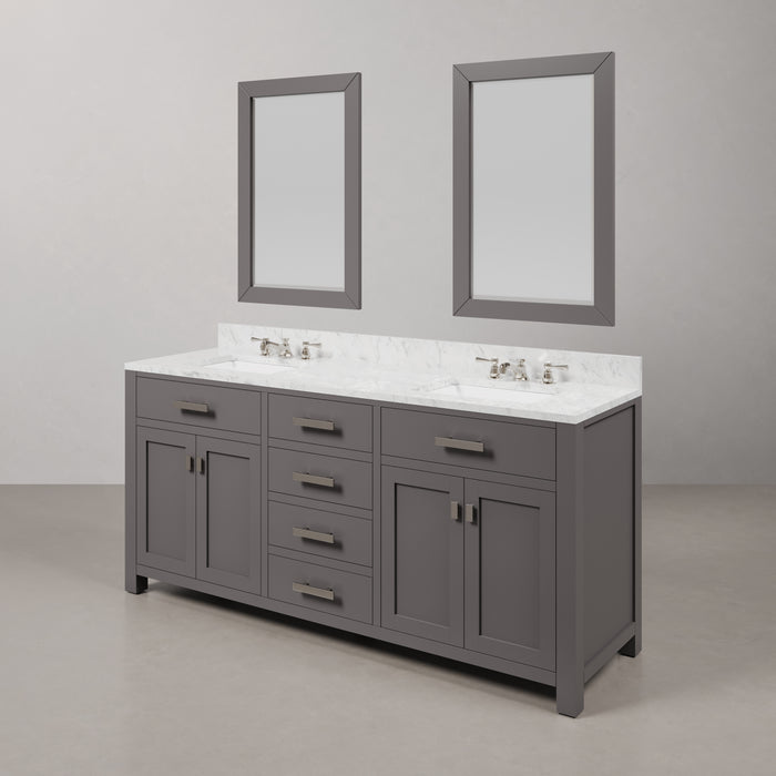 72-Inch Volt Double Sink Carrara White Marble Bathroom Vanity Cashmere Grey Chrome Hardware with Faucets & Mirrors