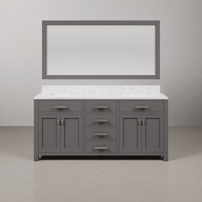 72-Inch Lava Double Undermount Sink Carrara White Marble Vanity Cashmere Grey with Rectangular Mirror