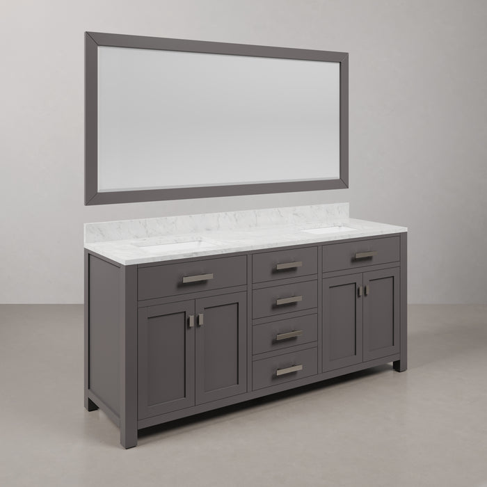 72-Inch Lava Double Undermount Sink Carrara White Marble Vanity Cashmere Grey with Rectangular Mirror