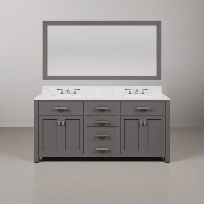 72 Inch Storm Carrara White Marble Double Sink Bathroom Vanity - Cashmere Grey Chrome Hardware with Faucets & Rectangular Mirror