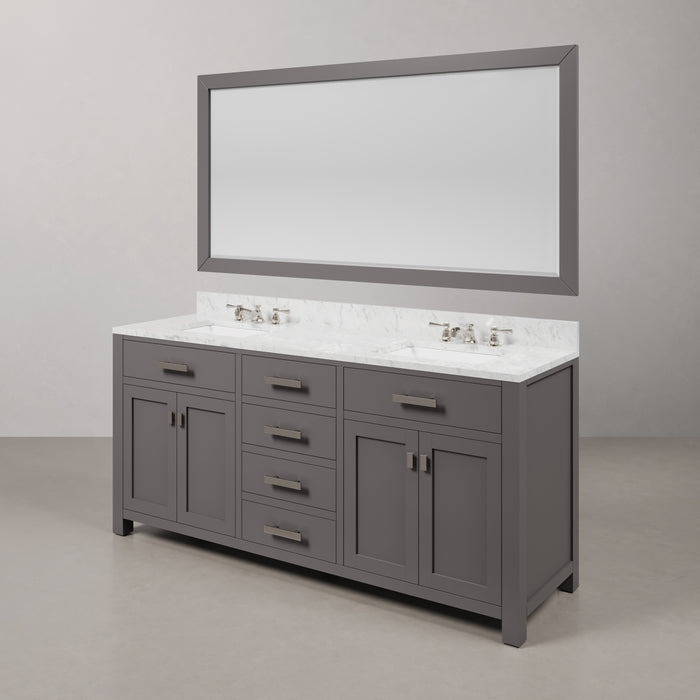 72 Inch Storm Carrara White Marble Double Sink Bathroom Vanity - Cashmere Grey Chrome Hardware with Faucets & Rectangular Mirror