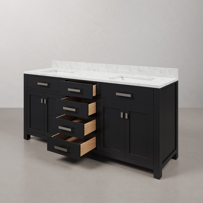 72 Inch Stalwart Double Sink Espresso Bathroom Vanity Carrara White Marble Countertop Backsplash Chrome Hardware Mirror
