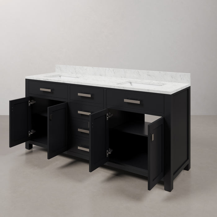 72 Inch Liplen Double Sink Espresso Bathroom Vanity Carrara White Marble Top with Rectangular Mirrors