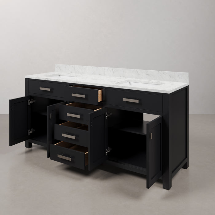 72 Inch Stalwart Double Sink Espresso Bathroom Vanity Carrara White Marble Countertop Backsplash Chrome Hardware Mirror