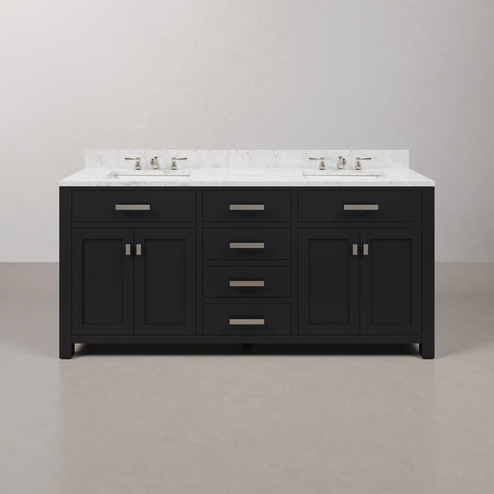72-Inch Finesse Espresso Double Vanity Carrara Marble Top with Soft-Close Drawers & Faucets