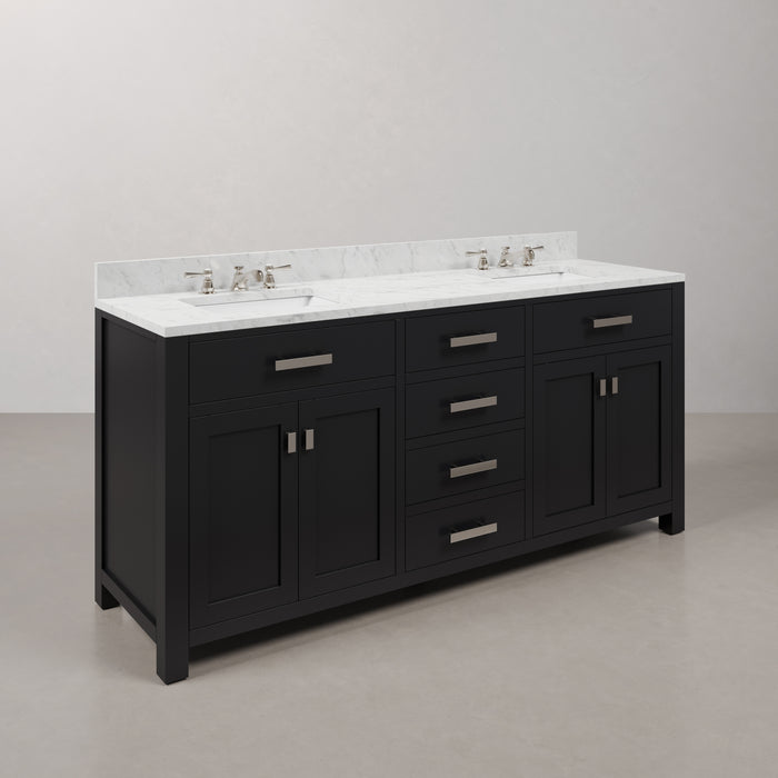 72-Inch Finesse Espresso Double Vanity Carrara Marble Top with Soft-Close Drawers & Faucets