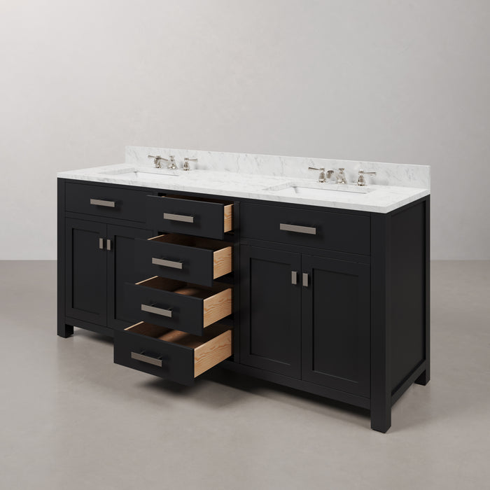 72-Inch Espresso Finlup Double Sink Vanity Carrara White Marble Top Chrome Faucets Rectangular Mirror Included