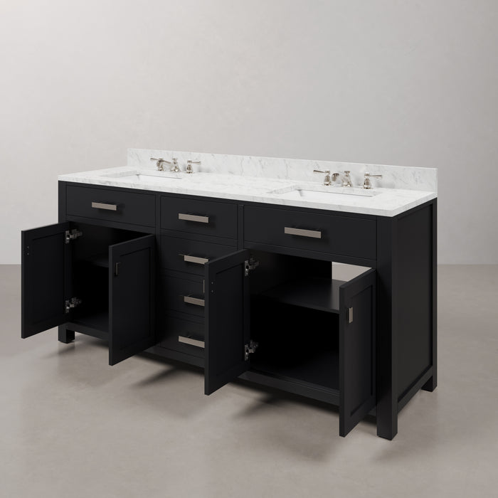 72-Inch Espresso Finlup Double Sink Vanity Carrara White Marble Top Chrome Faucets Rectangular Mirror Included