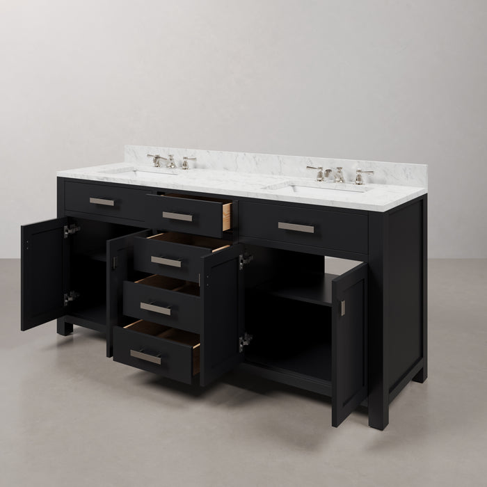 72-Inch Espresso Finlup Double Sink Vanity Carrara White Marble Top Chrome Faucets Rectangular Mirror Included