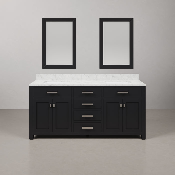 72 Inch Liplen Double Sink Espresso Bathroom Vanity Carrara White Marble Top with Rectangular Mirrors