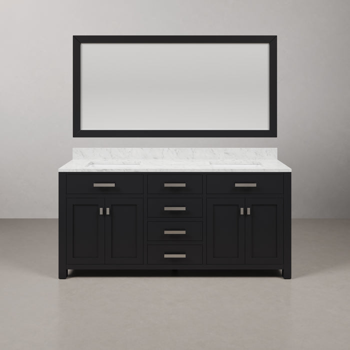72 Inch Stalwart Double Sink Espresso Bathroom Vanity Carrara White Marble Countertop Backsplash Chrome Hardware Mirror