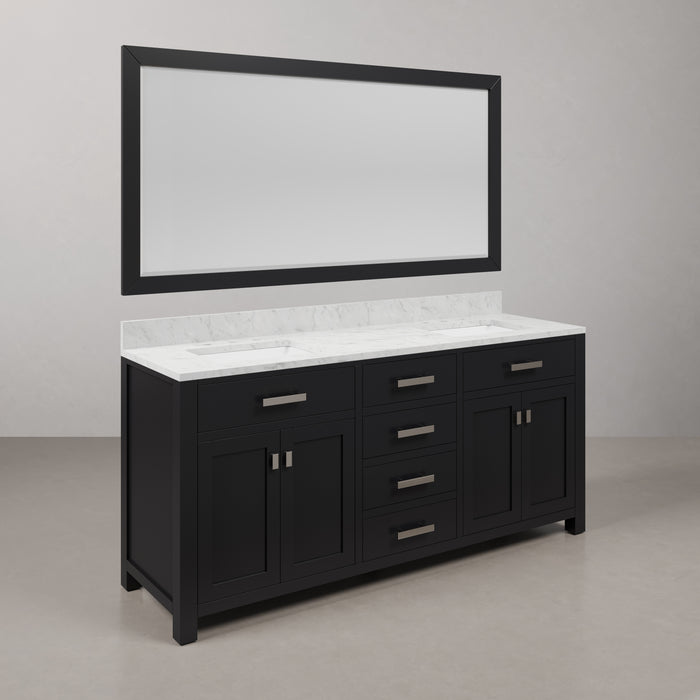 72 Inch Stalwart Double Sink Espresso Bathroom Vanity Carrara White Marble Countertop Backsplash Chrome Hardware Mirror