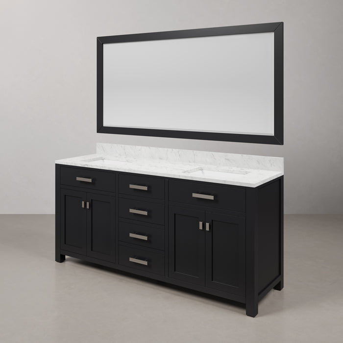 72 Inch Stalwart Double Sink Espresso Bathroom Vanity Carrara White Marble Countertop Backsplash Chrome Hardware Mirror