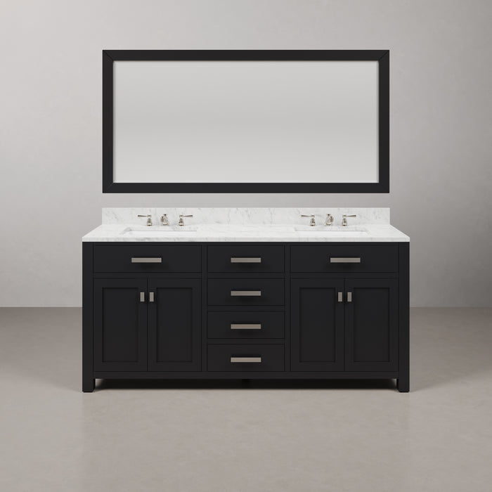 72-Inch Espresso Finlup Double Sink Vanity Carrara White Marble Top Chrome Faucets Rectangular Mirror Included
