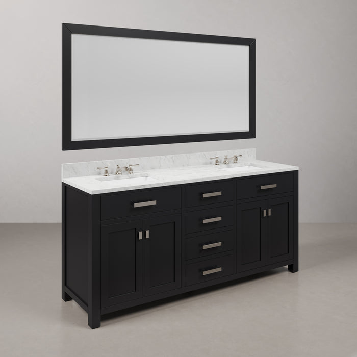 72-Inch Espresso Finlup Double Sink Vanity Carrara White Marble Top Chrome Faucets Rectangular Mirror Included