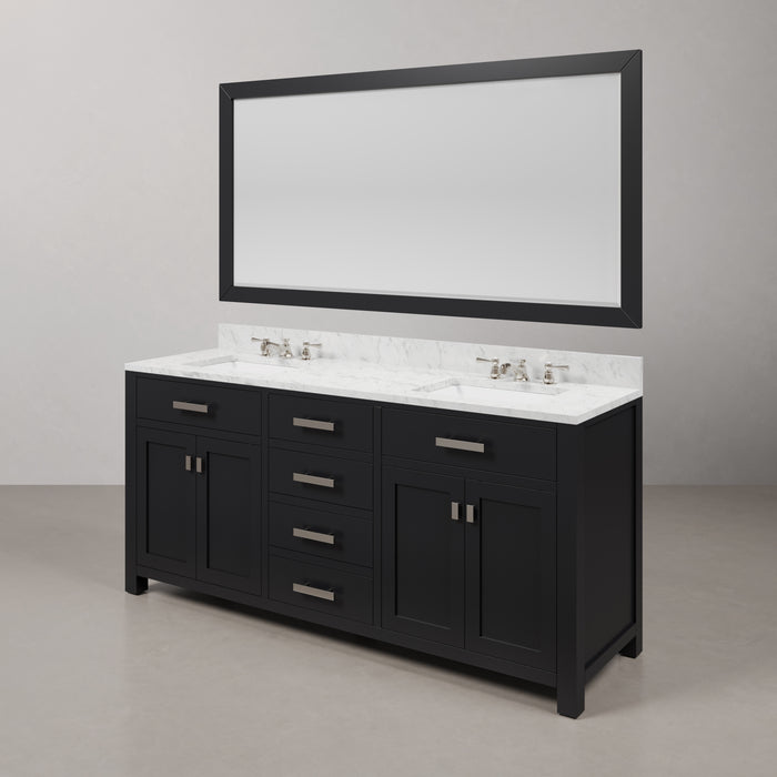 72-Inch Espresso Finlup Double Sink Vanity Carrara White Marble Top Chrome Faucets Rectangular Mirror Included