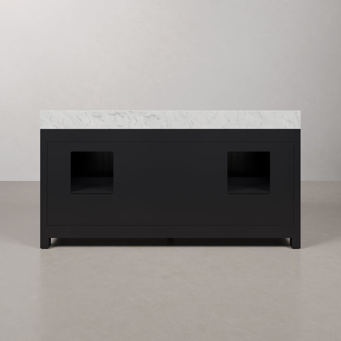72 Inch Stalwart Double Sink Espresso Bathroom Vanity Carrara White Marble Countertop Backsplash Chrome Hardware Mirror