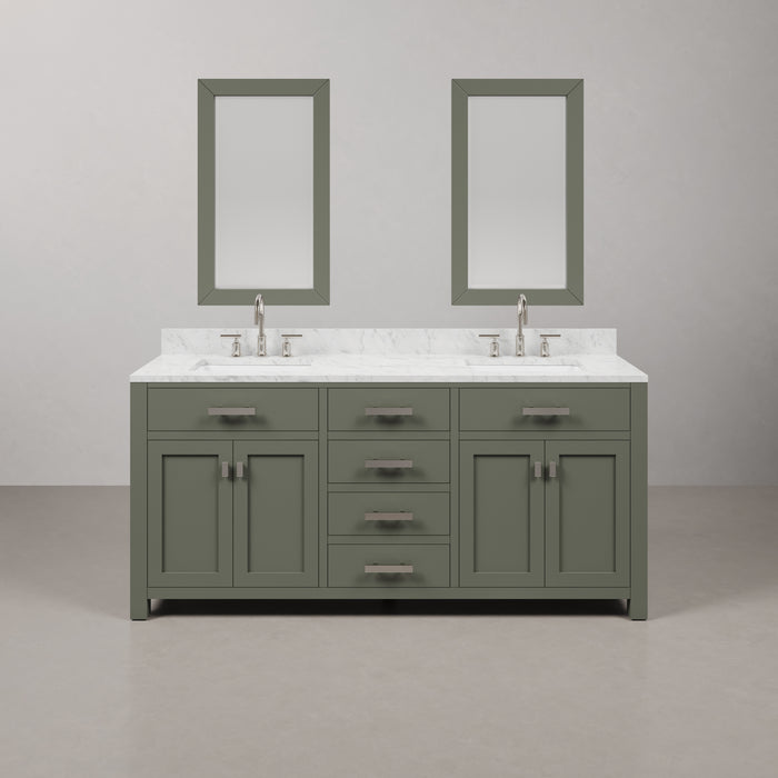 72" Parcel Double Sink Bathroom Vanity Glacial Green Hardwood with Carrara White Marble Countertop, Chrome Gooseneck Faucets & Rectangular Mirrors