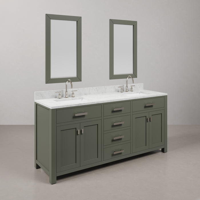72" Parcel Double Sink Bathroom Vanity Glacial Green Hardwood with Carrara White Marble Countertop, Chrome Gooseneck Faucets & Rectangular Mirrors