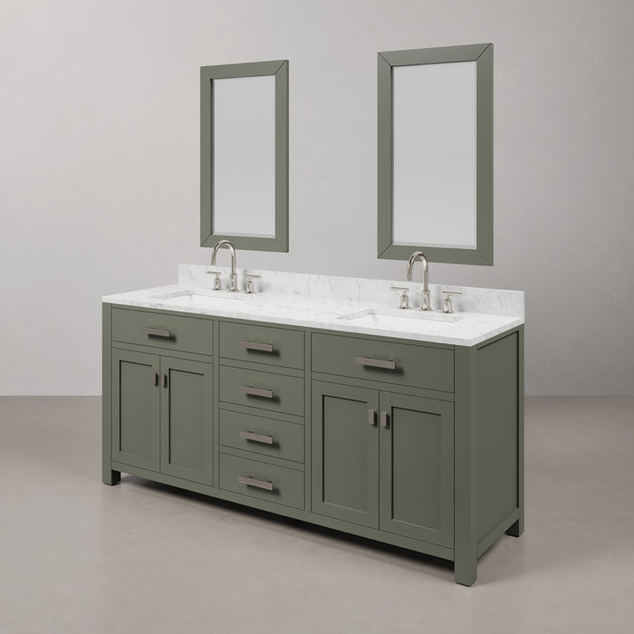 72" Parcel Double Sink Bathroom Vanity Glacial Green Hardwood with Carrara White Marble Countertop, Chrome Gooseneck Faucets & Rectangular Mirrors