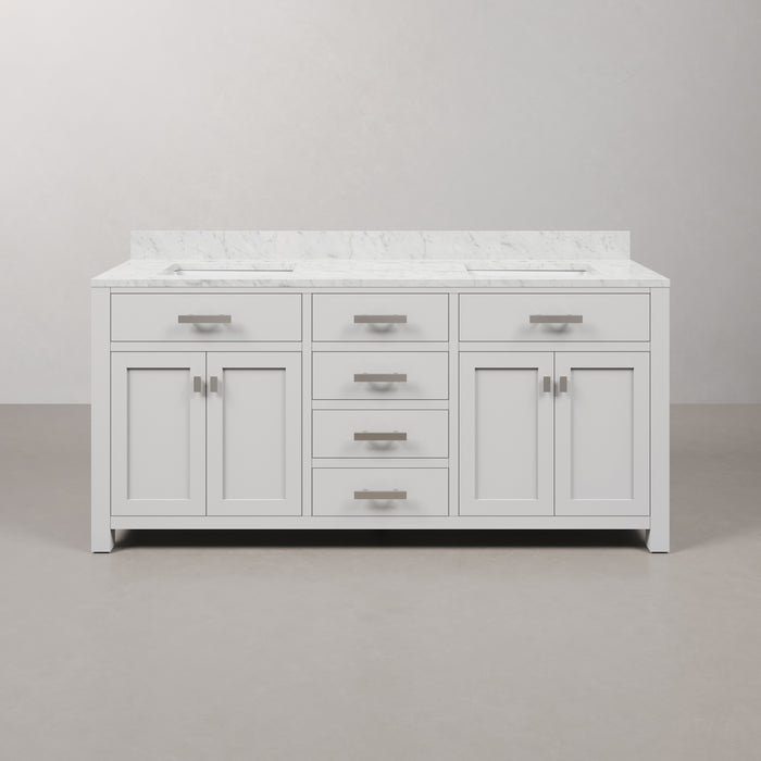 72 Inch Prim Pure White Double Sink Vanity Carrara Marble Countertop Freestanding
