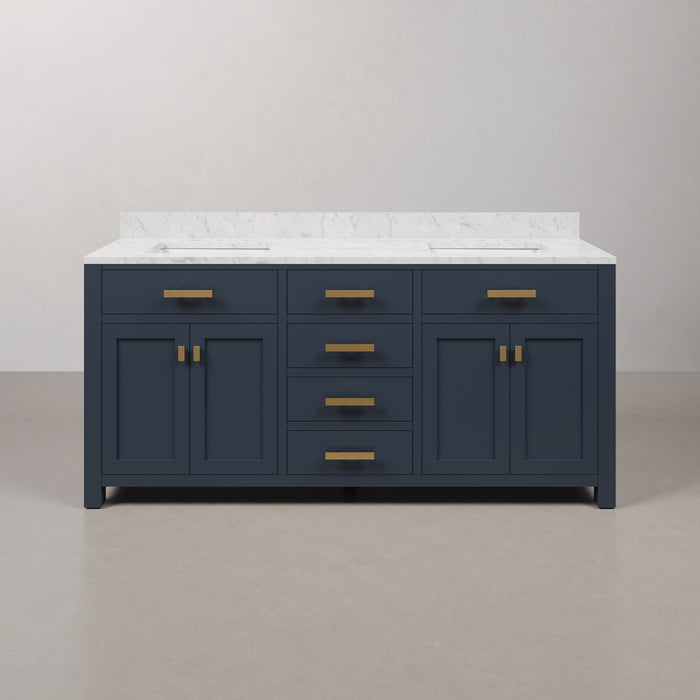 72 Inch Attain Bathroom Vanity Double Sink Carrara Marble Monarch Blue Gold Hardware
