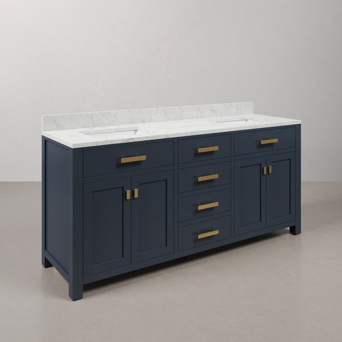 72 Inch Attain Bathroom Vanity Double Sink Carrara Marble Monarch Blue Gold Hardware