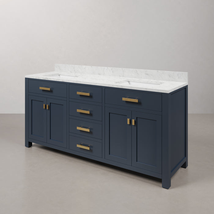 72 Inch Attain Bathroom Vanity Double Sink Carrara Marble Monarch Blue Gold Hardware