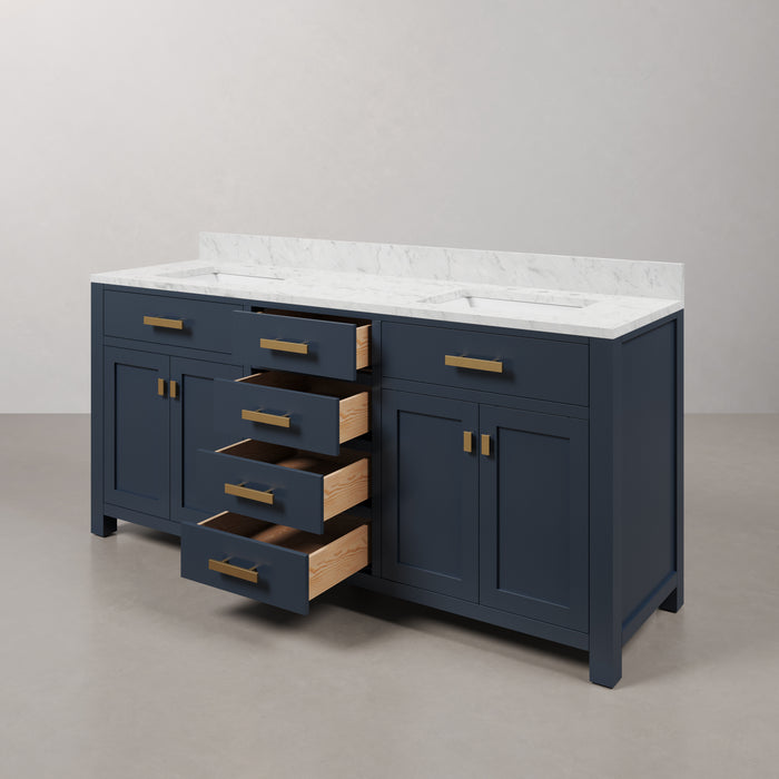 72 Inch Entangled Double Sink Bathroom Vanity Carrara White Marble Monarch Blue Satin Gold Hardware Rectangular Mirrors