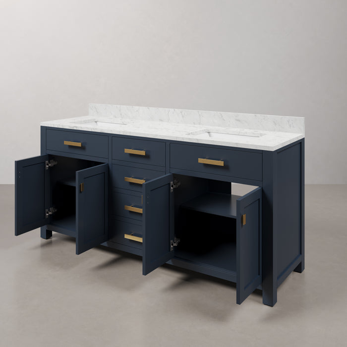 72 Inch Entangled Double Sink Bathroom Vanity Carrara White Marble Monarch Blue Satin Gold Hardware Rectangular Mirrors