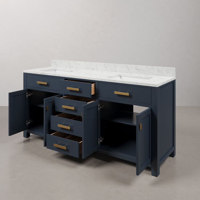 72 Inch Entangled Double Sink Bathroom Vanity Carrara White Marble Monarch Blue Satin Gold Hardware Rectangular Mirrors