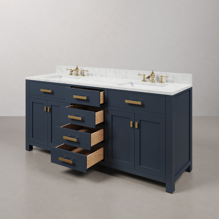 72" Maine Carrara Marble Double Sink Vanity - Monarch Blue with Satin Gold Hardware & Waterfall Faucets