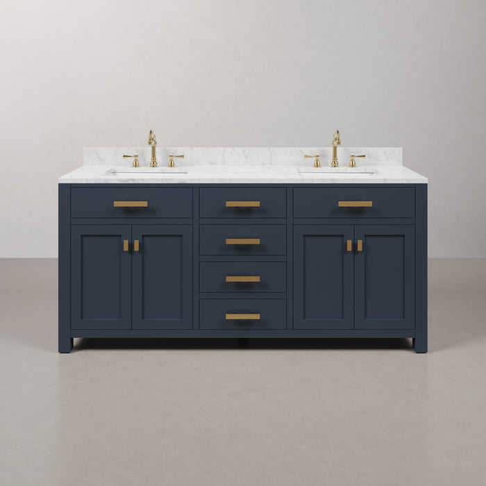 72-Inch Veer Double Sink Vanity in Monarch Blue - Carrara White Marble Top with Satin Gold Faucets Included
