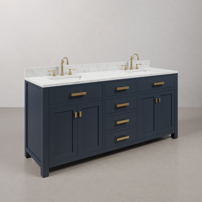 72-Inch Veer Double Sink Vanity in Monarch Blue - Carrara White Marble Top with Satin Gold Faucets Included