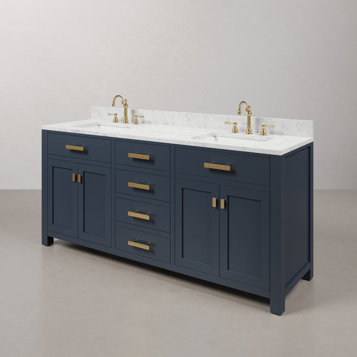 72-Inch Veer Double Sink Vanity in Monarch Blue - Carrara White Marble Top with Satin Gold Faucets Included