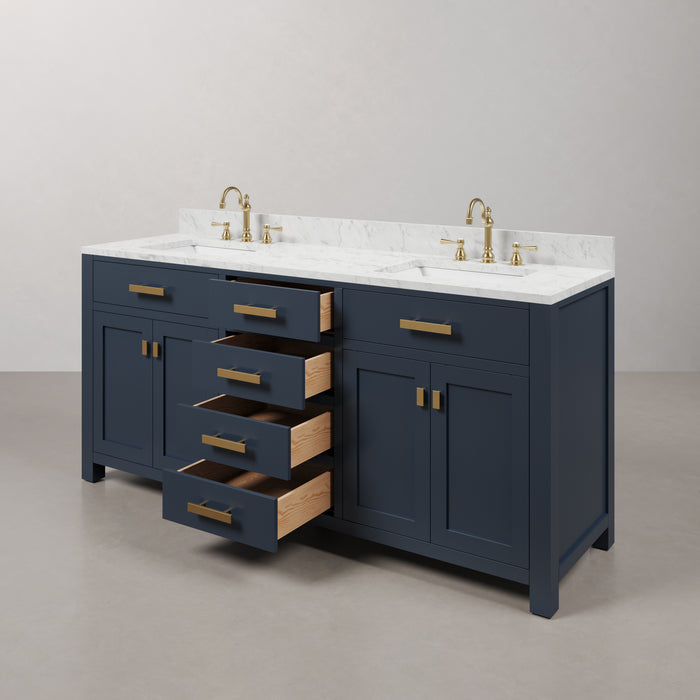 72" Fortuna Double Sink Carrara Marble Bathroom Vanity Monarch Blue with Satin Gold Hardware & Faucets