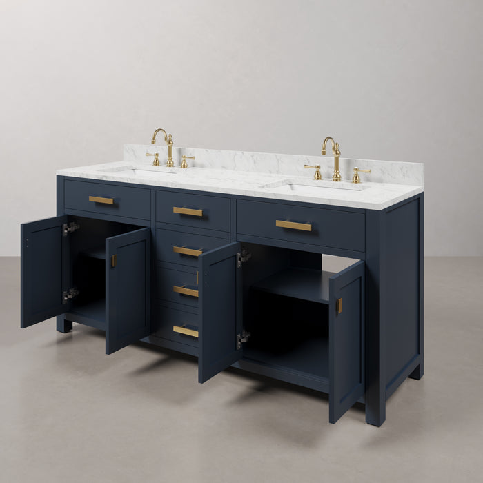 72" Fortuna Double Sink Carrara Marble Bathroom Vanity Monarch Blue with Satin Gold Hardware & Faucets
