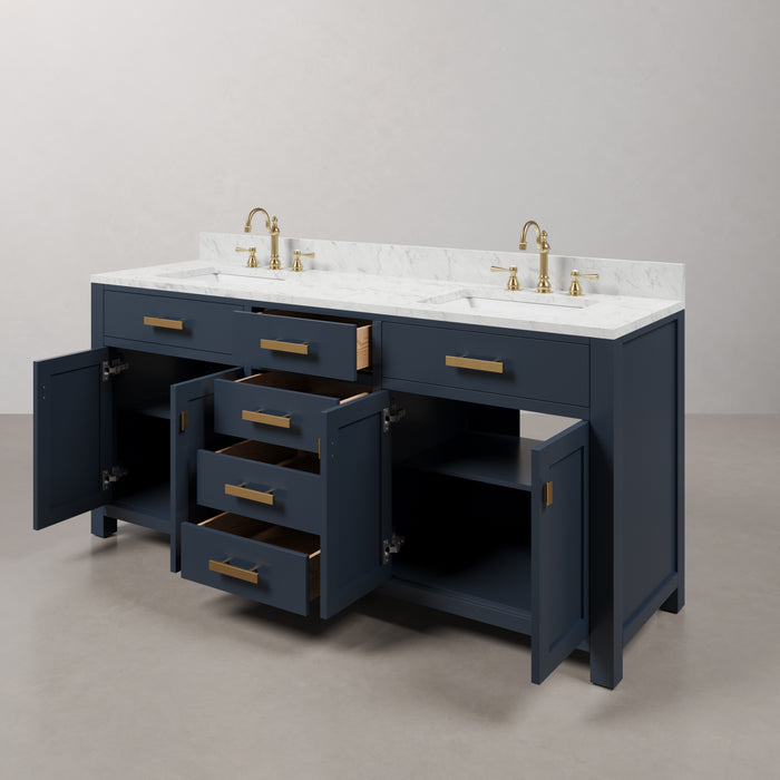 72" Fortuna Double Sink Carrara Marble Bathroom Vanity Monarch Blue with Satin Gold Hardware & Faucets