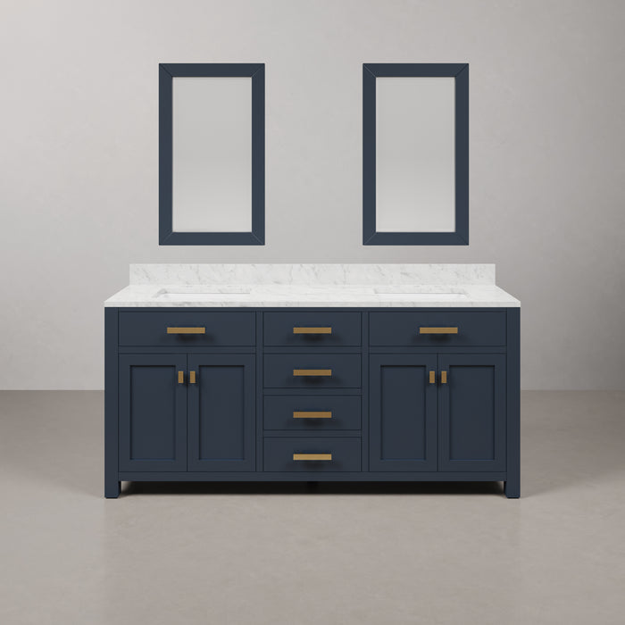 72 Inch Entangled Double Sink Bathroom Vanity Carrara White Marble Monarch Blue Satin Gold Hardware Rectangular Mirrors