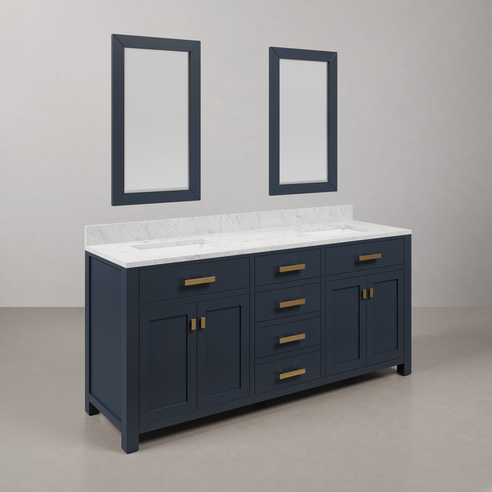 72 Inch Entangled Double Sink Bathroom Vanity Carrara White Marble Monarch Blue Satin Gold Hardware Rectangular Mirrors