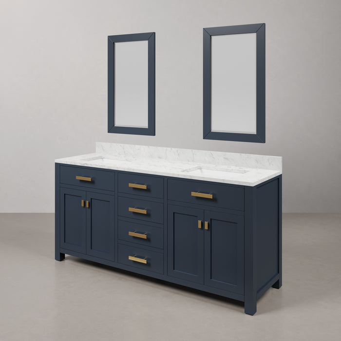 72 Inch Entangled Double Sink Bathroom Vanity Carrara White Marble Monarch Blue Satin Gold Hardware Rectangular Mirrors